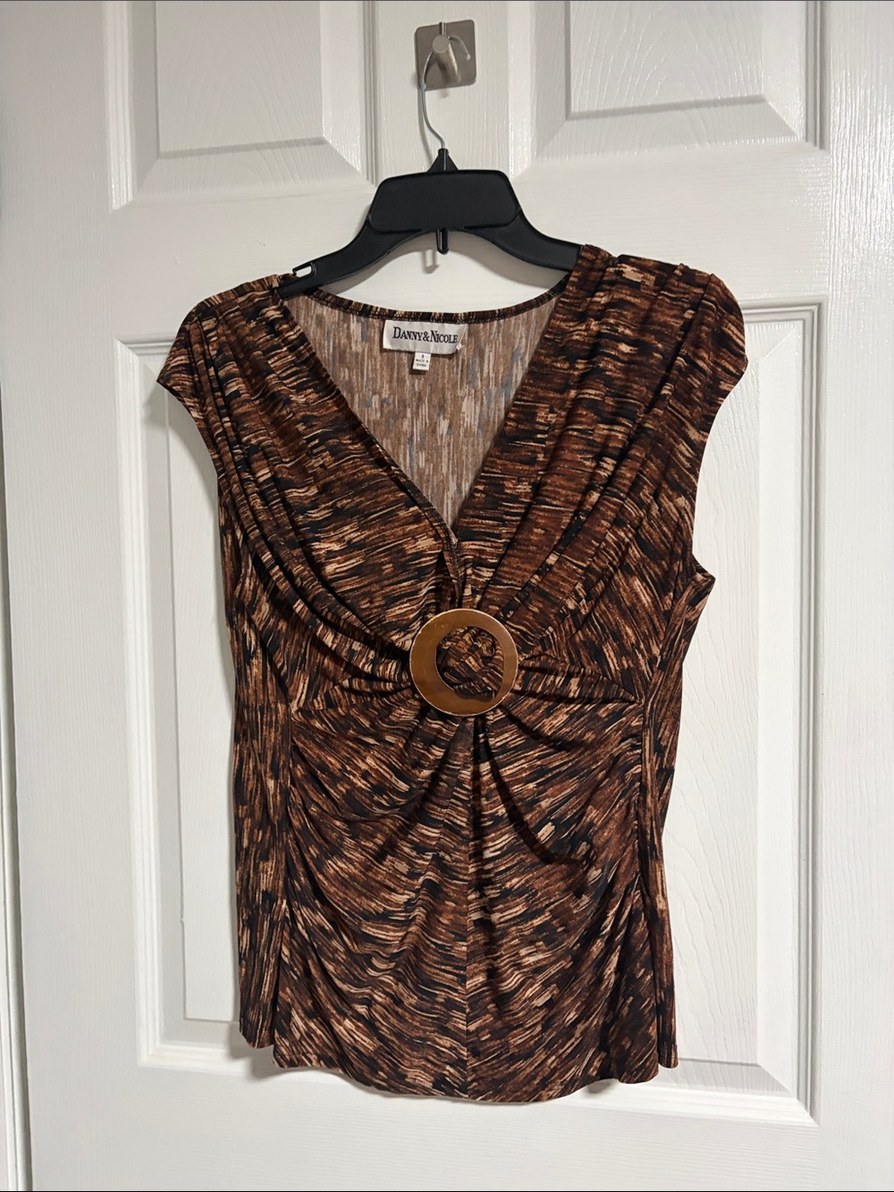 Danny & Nicole Brown and Tan Abstract Scoop Neck Top with Front Ring